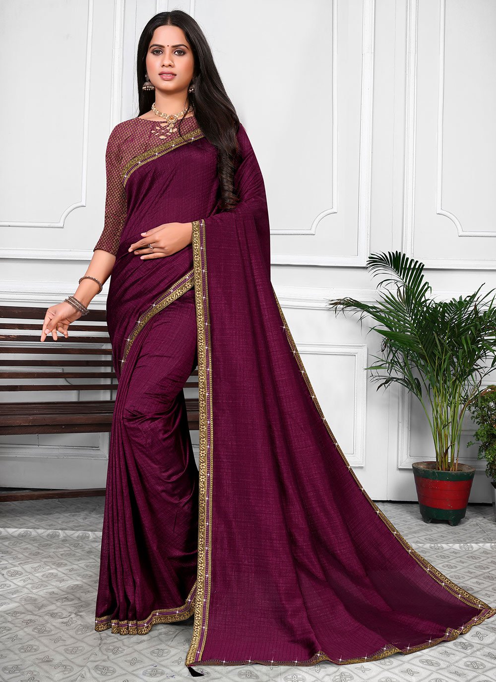 Purple color Border Vichitra Silk Designer Saree