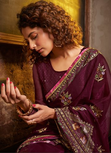 Purple color Chinon Classic Designer Saree with Embroidered