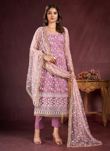 Purple color Cotton  Pant Style Suit with Embroidered
