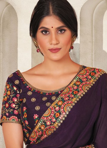 Purple color Embroidered Satin Silk Classic Designer Saree