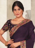 Purple color Embroidered Satin Silk Classic Designer Saree - 2