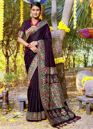 Purple color Embroidered Satin Silk Designer Saree