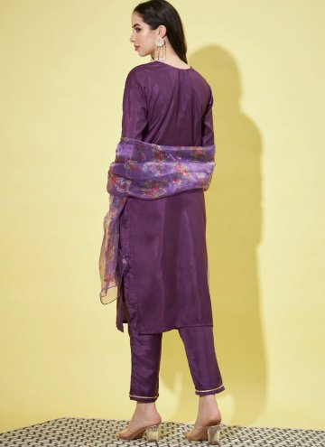 Purple color Embroidered Silk Blend Pant Style Suit