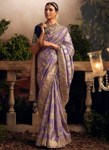Purple color Embroidered Silk Designer Saree