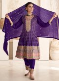 Purple color Embroidered Silk Pant Style Suit - 1