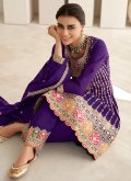 Purple color Embroidered Silk Pant Style Suit - 2
