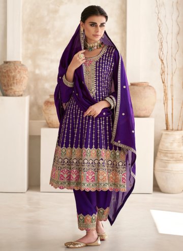 Purple color Embroidered Silk Pant Style Suit