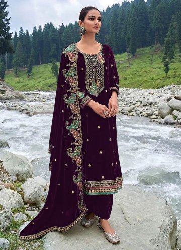 Purple color Embroidered Velvet Palazzo Suit