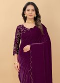 Purple color Embroidered Velvet Traditional Saree - 1