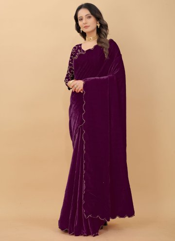 Purple color Embroidered Velvet Traditional Saree