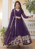 Purple color Faux Georgette Designer Gown with Embroidered - 1