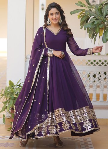 Purple color Faux Georgette Designer Gown with Embroidered