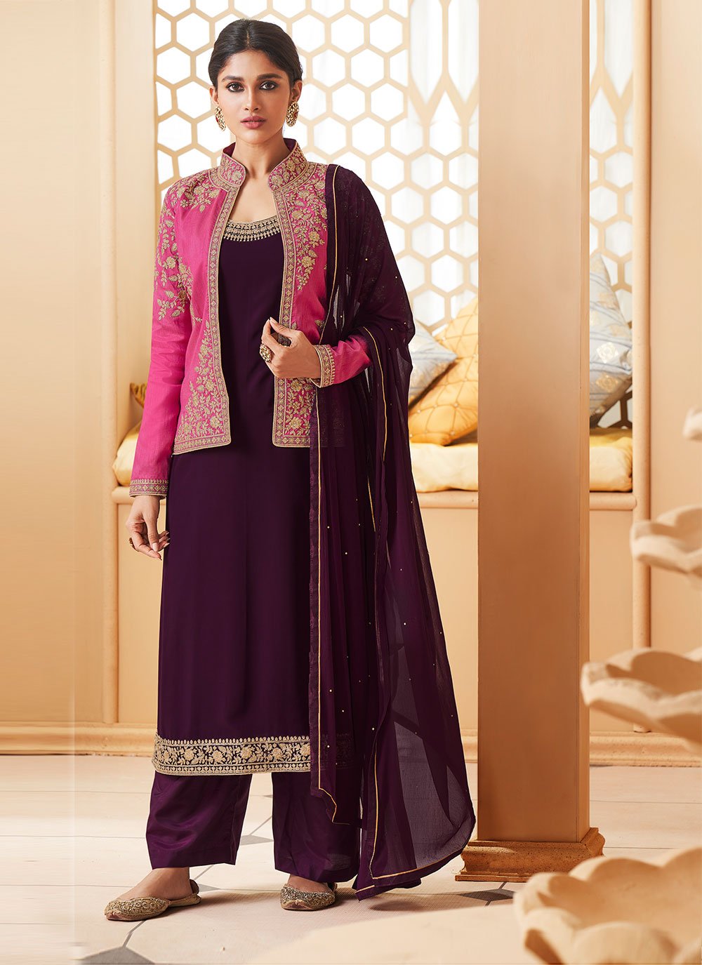 Purple color Faux Georgette Jacket Style Suit with Embroidered