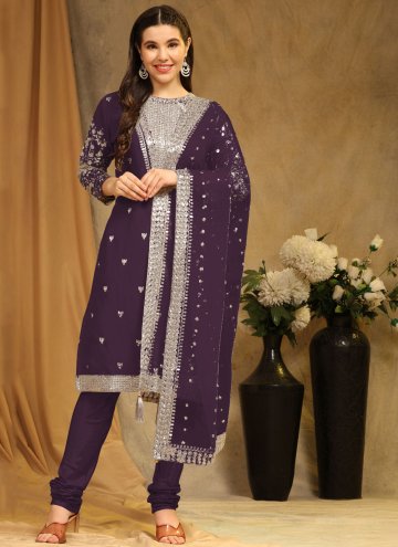 Purple color Faux Georgette Salwar Suit with Embro