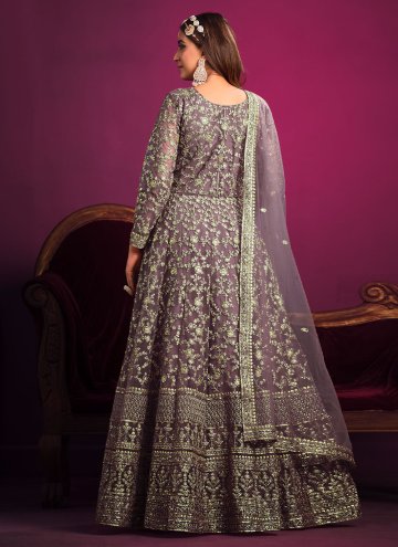 Purple color Net Anarkali Salwar Kameez with Embroidered