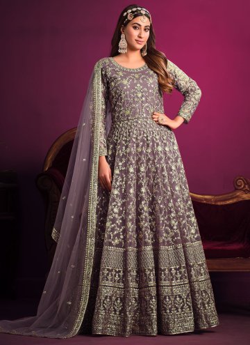 Purple color Net Anarkali Salwar Kameez with Embro