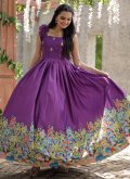 Purple color Printed Silk Designer Gown - 1