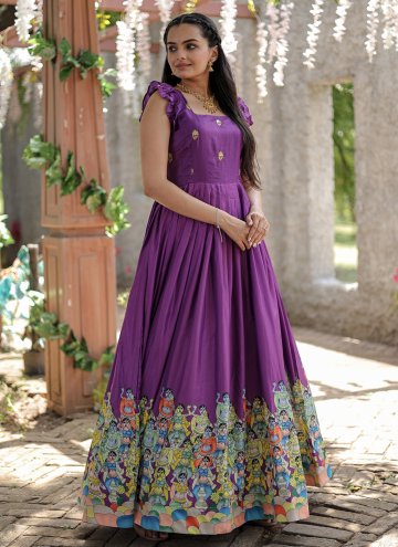 Purple color Printed Silk Designer Gown