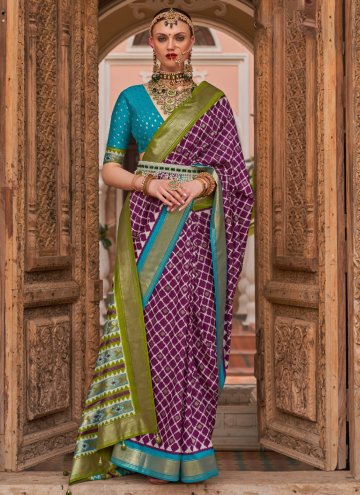 Purple color Silk Designer Saree with Printed