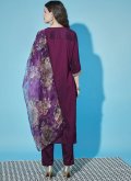 Purple color Silk Pant Style Suit with Embroidered - 1