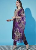 Purple color Silk Pant Style Suit with Embroidered - 2