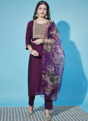 Purple color Silk Pant Style Suit with Embroidered