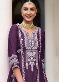 Purple color Silk Salwar Suit with Embroidered - 1