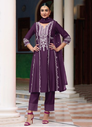 Purple color Silk Salwar Suit with Embroidered