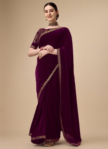 Purple color Velvet Classic Designer Saree with Em