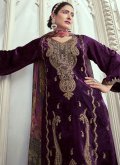 Purple color Velvet Pakistani Suit with Embroidered - 2