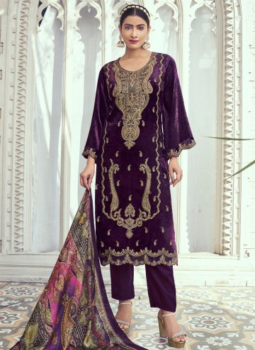 Purple color Velvet Pakistani Suit with Embroidere