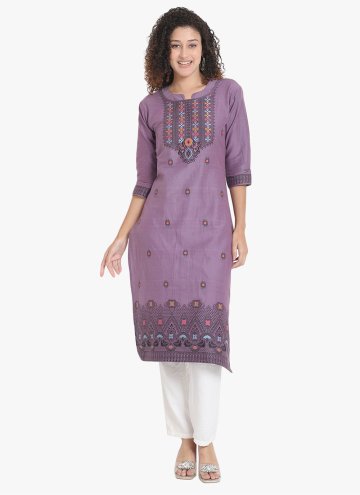 Purple Cotton  Embroidered Party Wear Kurti for Casual