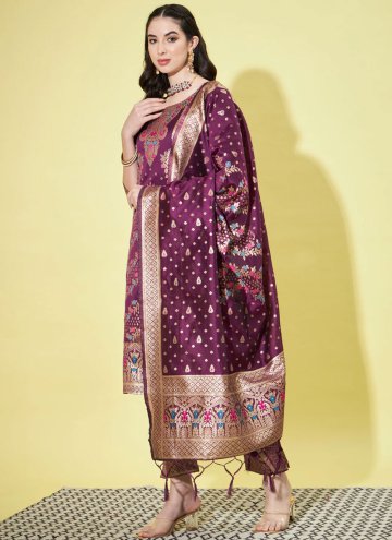 Purple Cotton Silk Jacquard Work Salwar Suit for Ceremonial