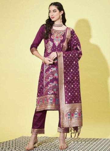 Purple Cotton Silk Jacquard Work Salwar Suit for C