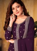 Purple Designer Palazzo Salwar Suit in Faux Georgette with Embroidered - 2