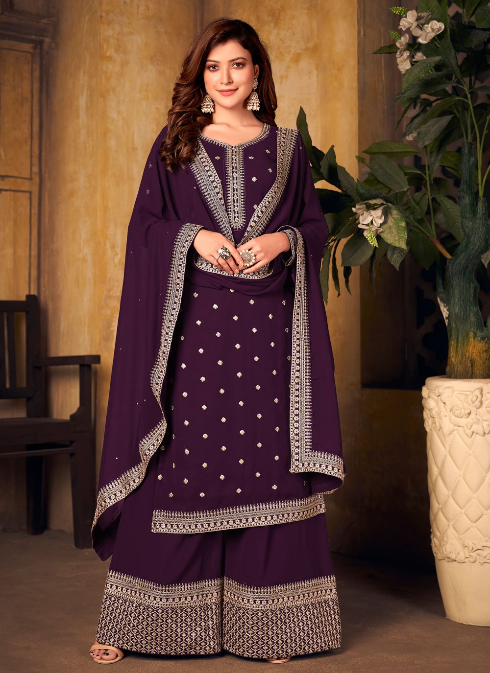 Purple Designer Palazzo Salwar Suit in Faux Georgette with Embroidered