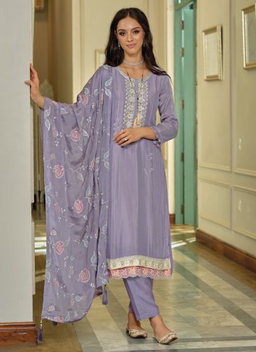 Purple Designer Salwar Kameez in Silk with Embroid