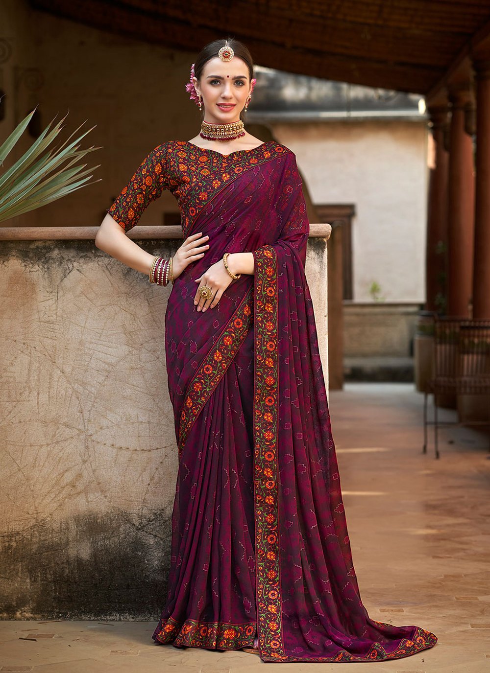 Purple Faux Georgette Abstract Print Printed Sarees