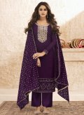 Purple Faux Georgette Embroidered Designer Straight Salwar Suit - 2