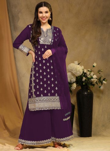Purple Faux Georgette Embroidered Trendy Salwar Kameez for Ceremonial