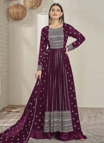 Purple Georgette Embroidered Palazzo Suit