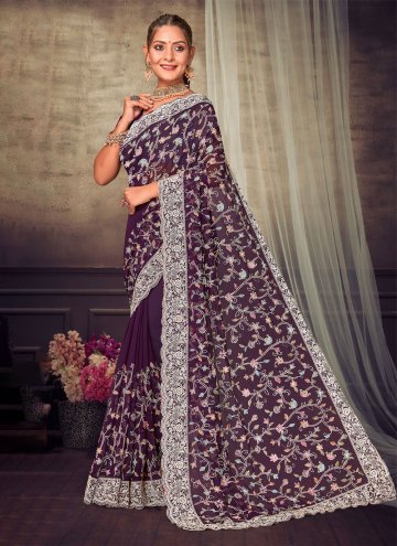 Purple Georgette Embroidered Traditional Saree for