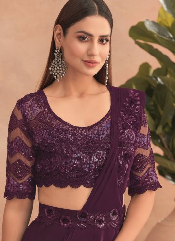 Purple Lehenga Style Saree in Net with Embroidered