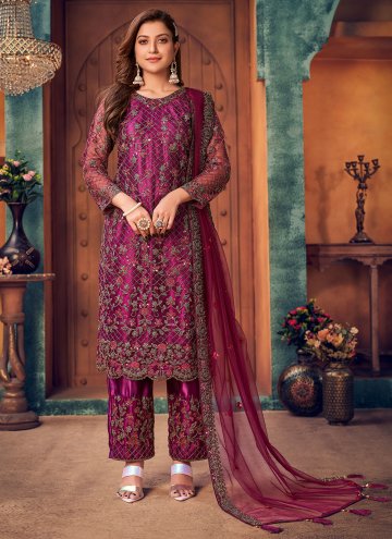 Purple Leyered Salwar Suit in Net with Embroidered
