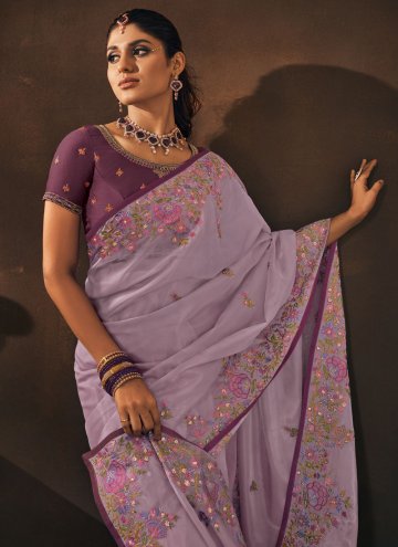 Purple Organza Embroidered Trendy Saree for Ceremonial