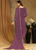 Purple Pakistani Suit in Faux Georgette with Embroidered - 1