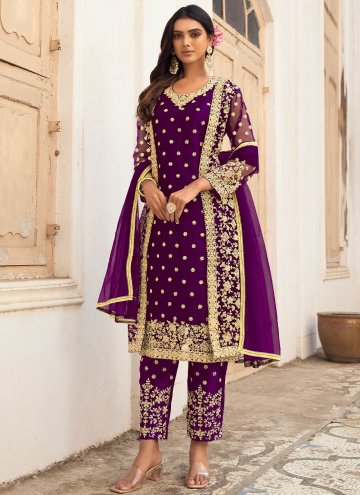 Purple Pakistani Suit in Net with Embroidered