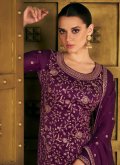 Purple Palazzo Suit in Satin Silk with Embroidered - 1