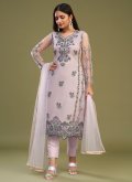 Purple Pant Style Suit in Net with Embroidered - 1