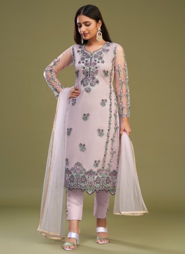 Purple Pant Style Suit in Net with Embroidered